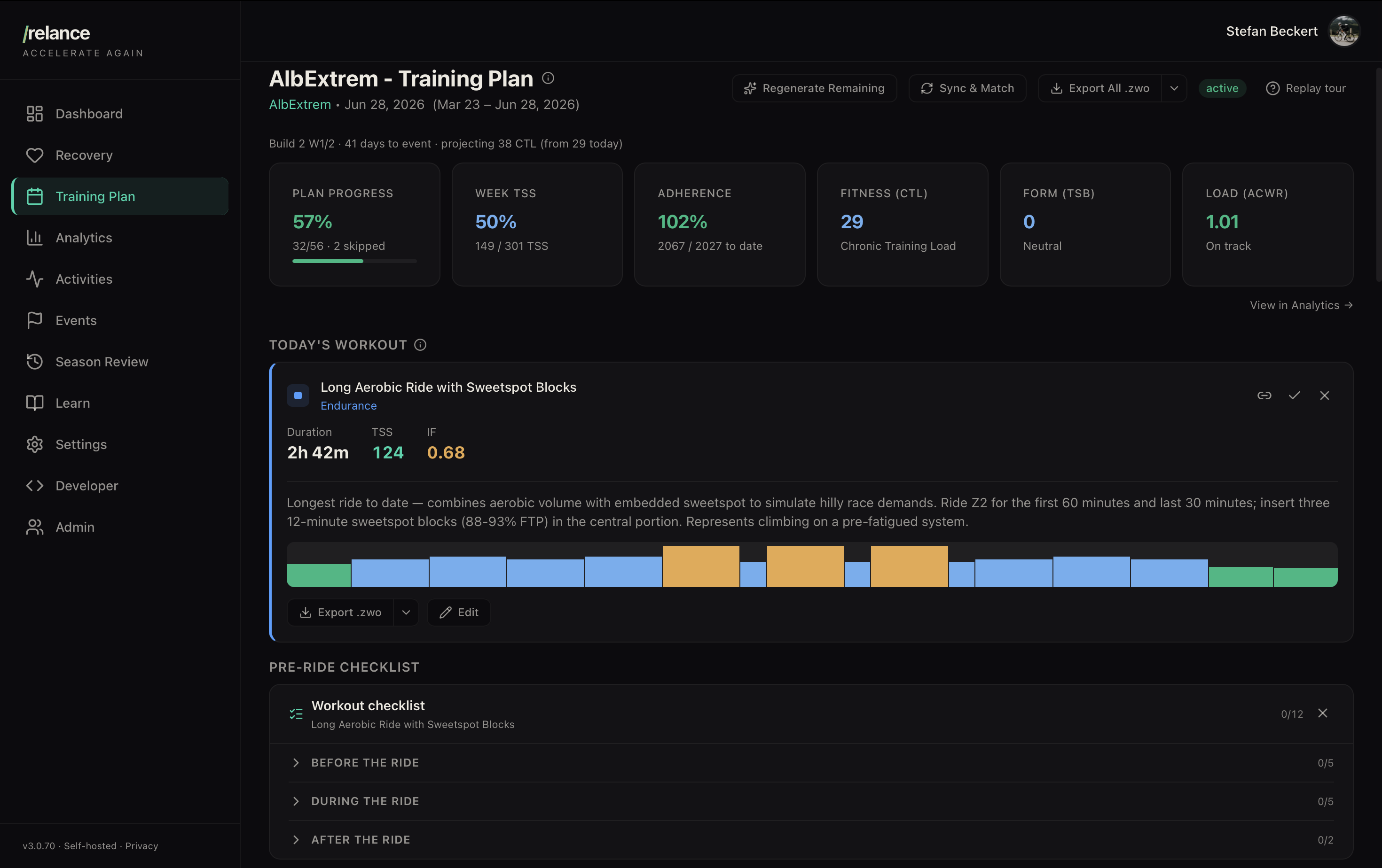AlbExtrem training plan: 57% complete, 50% of the week's TSS done, adherence at 102%, CTL 29, form 0, ACWR 1.01. Today's workout is a 2h 42m long aerobic ride with sweetspot blocks (TSS 124, IF 0.68), shown as a coloured interval profile.